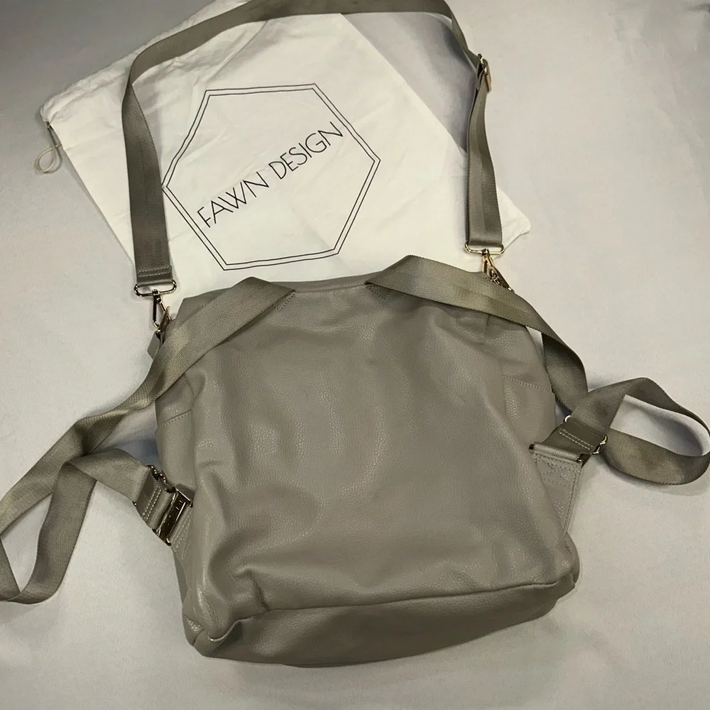 Fawn Design Grey Pebbled Faux Leather Convertible Diaper Bag Backpack Gold Tone